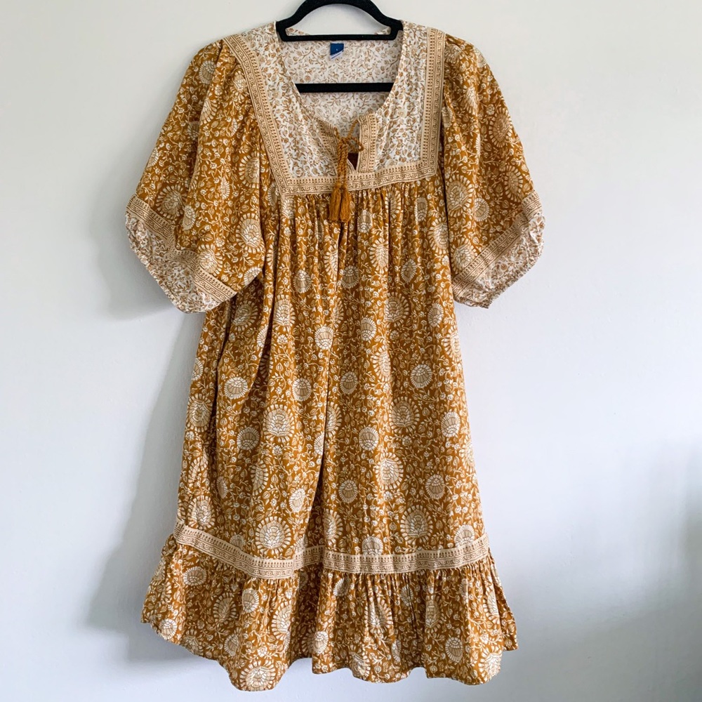 Old Navy Womens Puff Sleeve Printed Mini Swing Dress Mustard Yellow - Size L